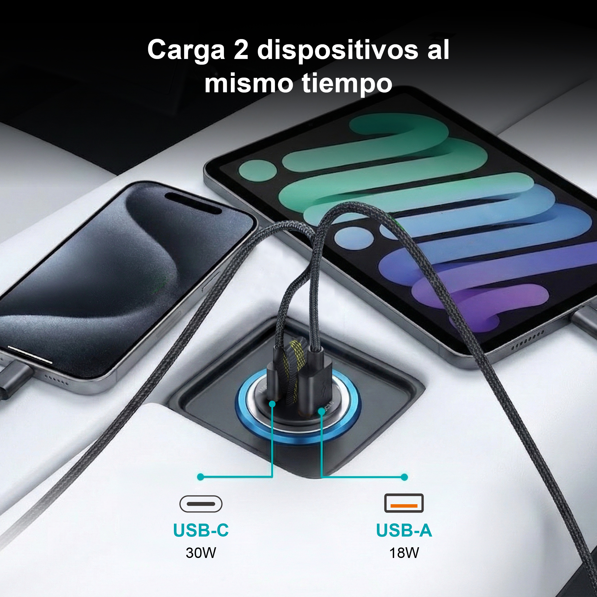 Un cargador de coche con dos puertos carga un smartphone y una tablet.