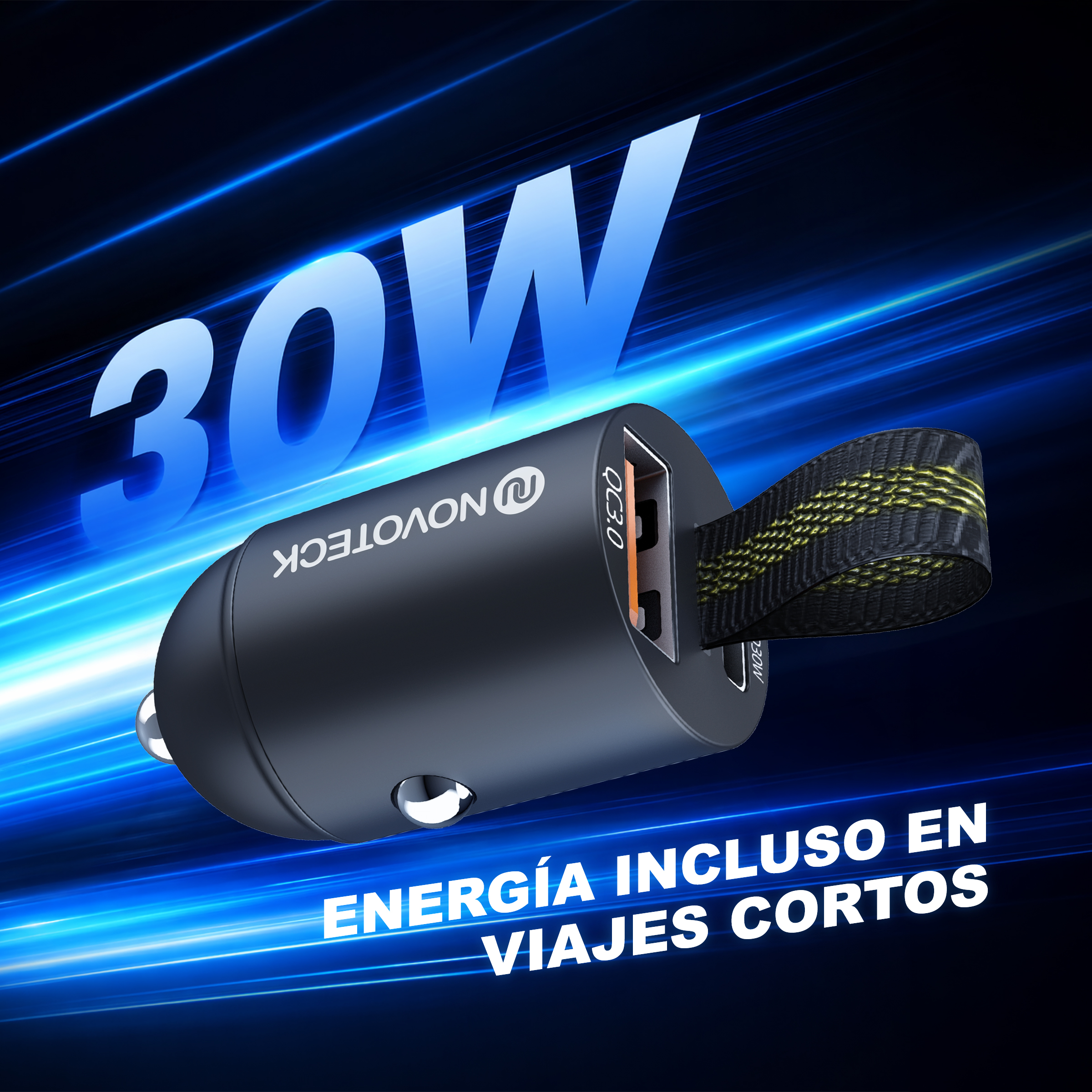 Cargador de coche negro de 30W con QC3.0, fondo azul.