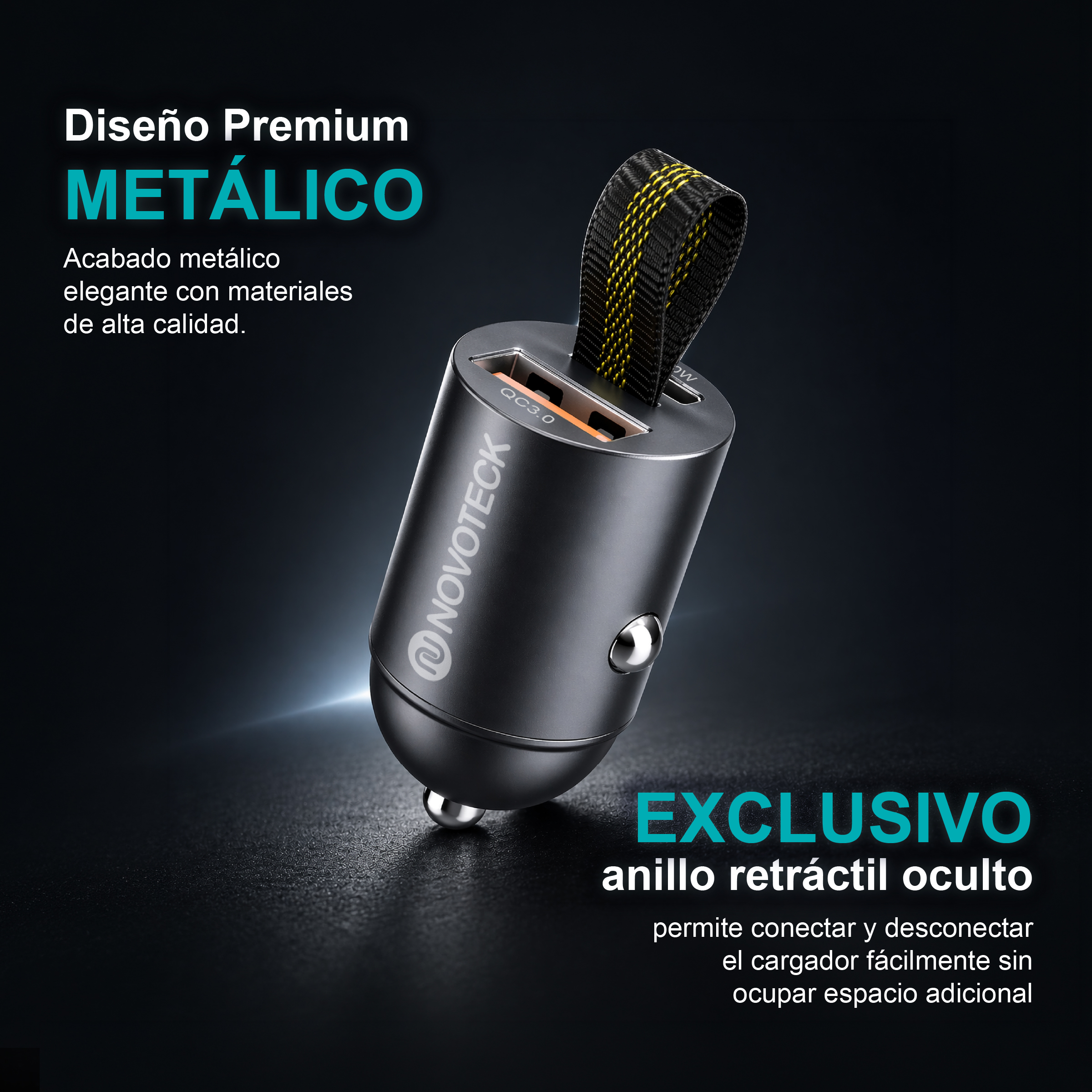 Un cargador de coche de metal negro con puerto QC3.0 y correa.