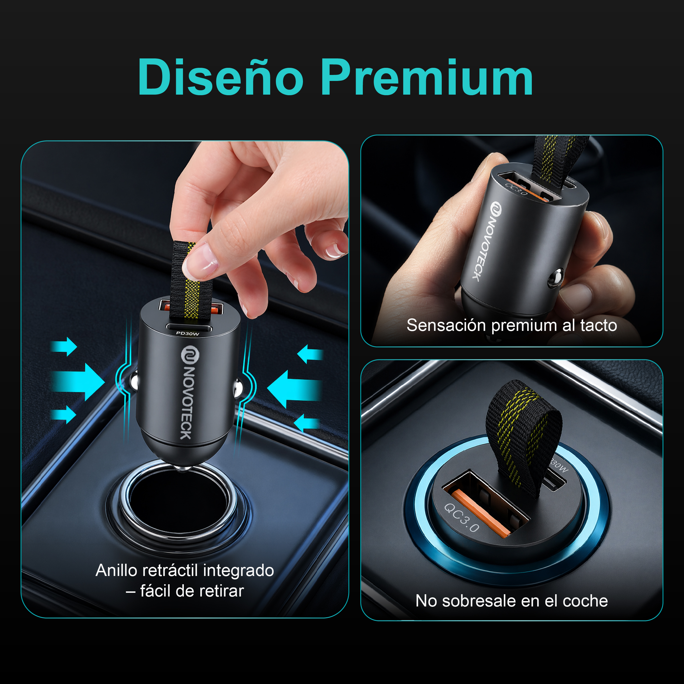 Un adaptador de cargador de coche gris con dos puertos USB insertado en una consola central.