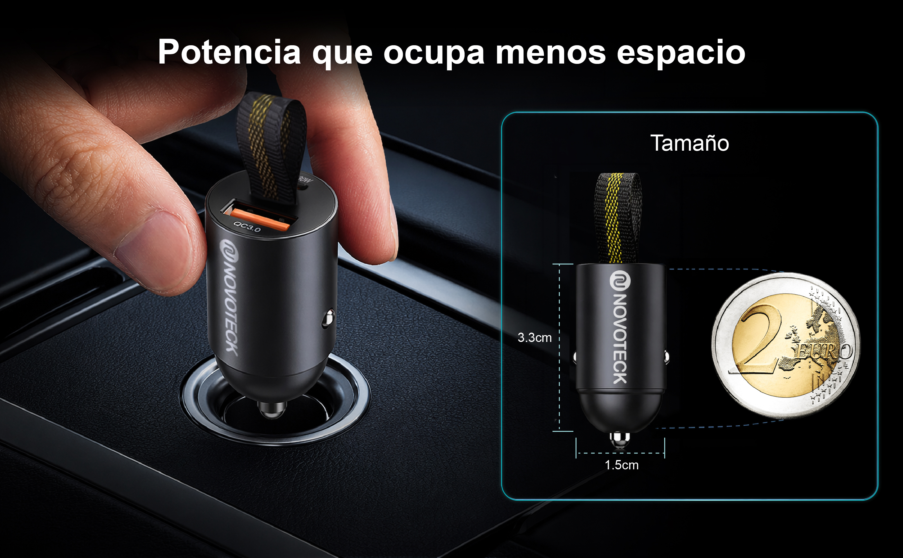 Un adaptador de cargador de coche negro se inserta, con una moneda de 2 euros al lado.