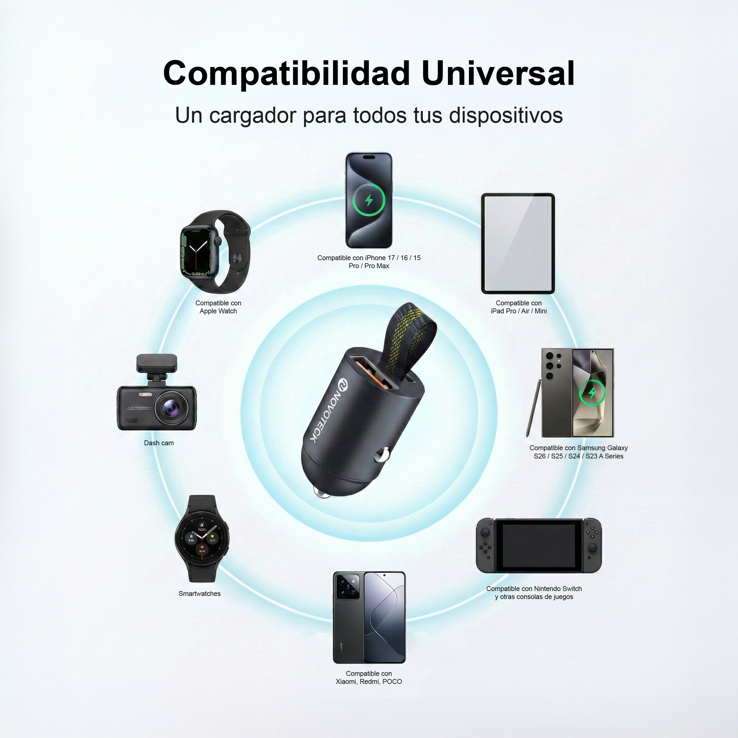 Un cargador negro con varios dispositivos compatibles: relojes, teléfonos, tabletas, cámaras, consolas.