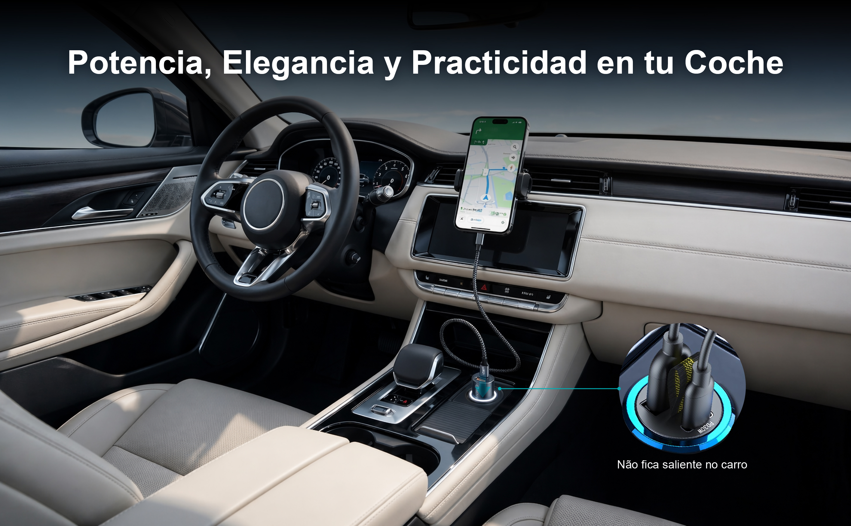Interior de coche con soporte para móvil, cable y cargador.
