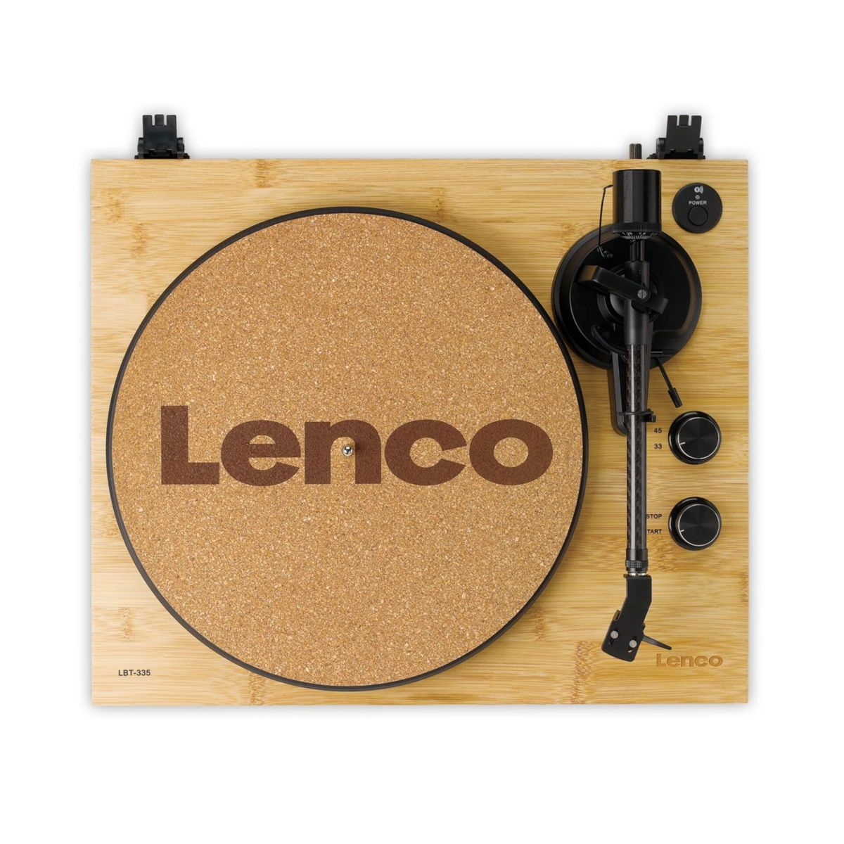 Een houten platenspeler met Lenco-logo op de ronde mat en zwarte toonarm.