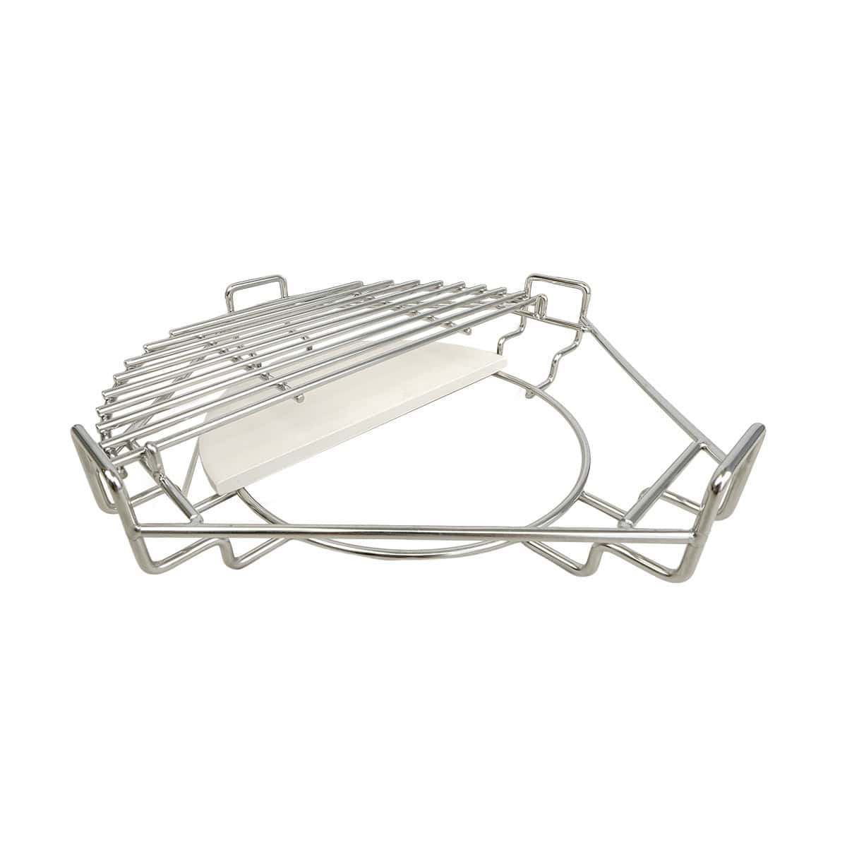 Een zilverkleurig metalen grillrek met een witte keramische steen.
