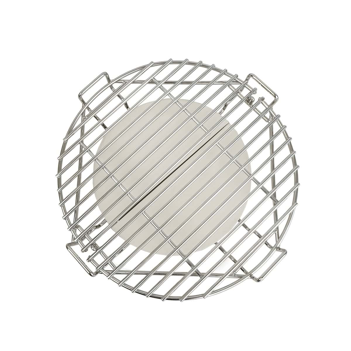 Een rond metalen grillrooster met een lichte, ronde steen eronder.