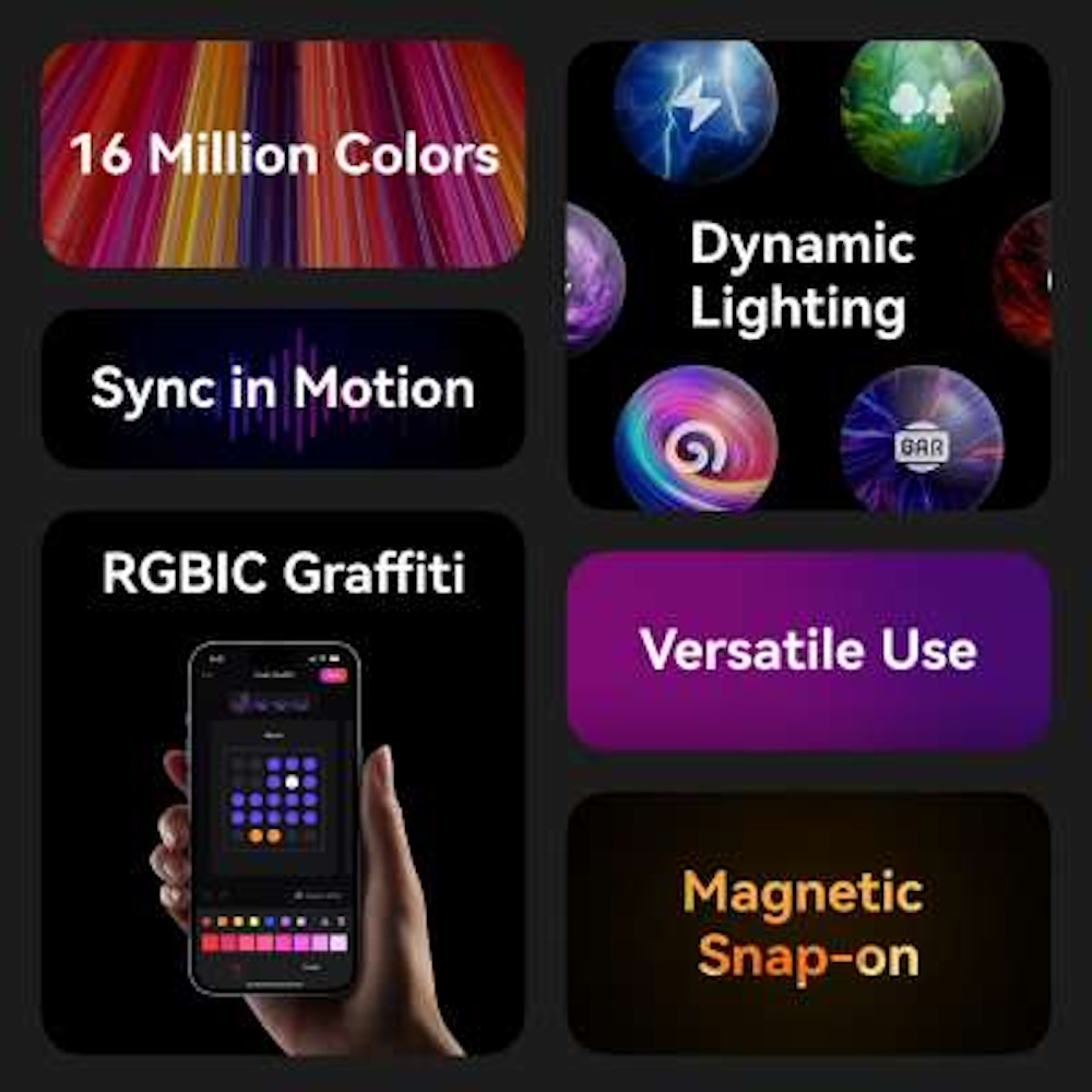 16 Milionów Kolorów, Dynamiczne Oświetlenie, Synchronizacja w Ruchu, Graffiti RGBIC, Wszechstronne Zastosowanie, Magnetyczne.