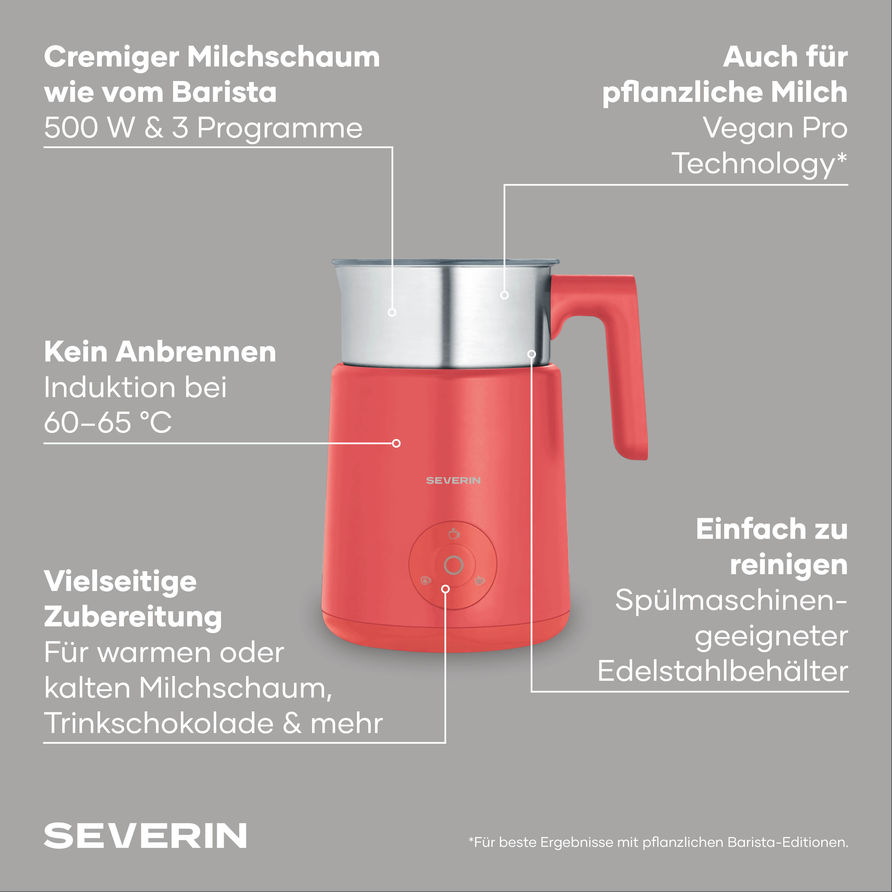 Roter Milchaufschäumer mit silbernem Behälter, 500W, Induktion, reinigungsfreundlich.