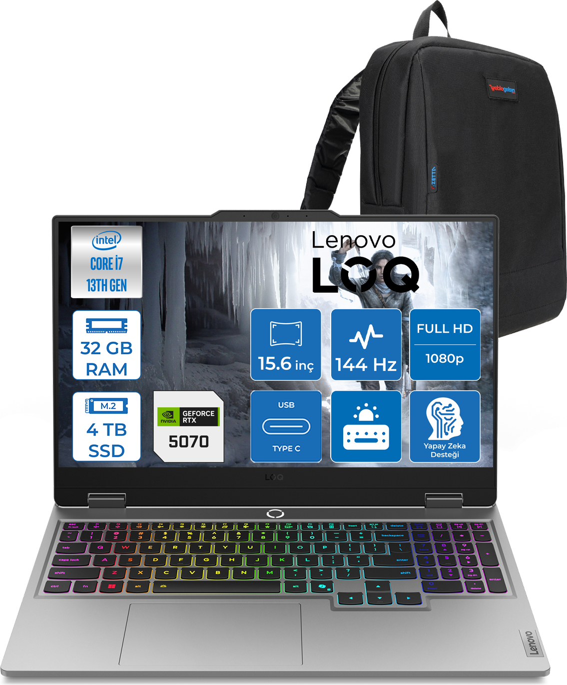 LENOVO LOQ 8GB RTX5070 FHD IPS 144HZ 83JE00D0TRF12 Intel Core i7-13650HX 32 GB RAM 4 TB SSD 15,6 inç FreeDOS Laptop+Çanta Gri