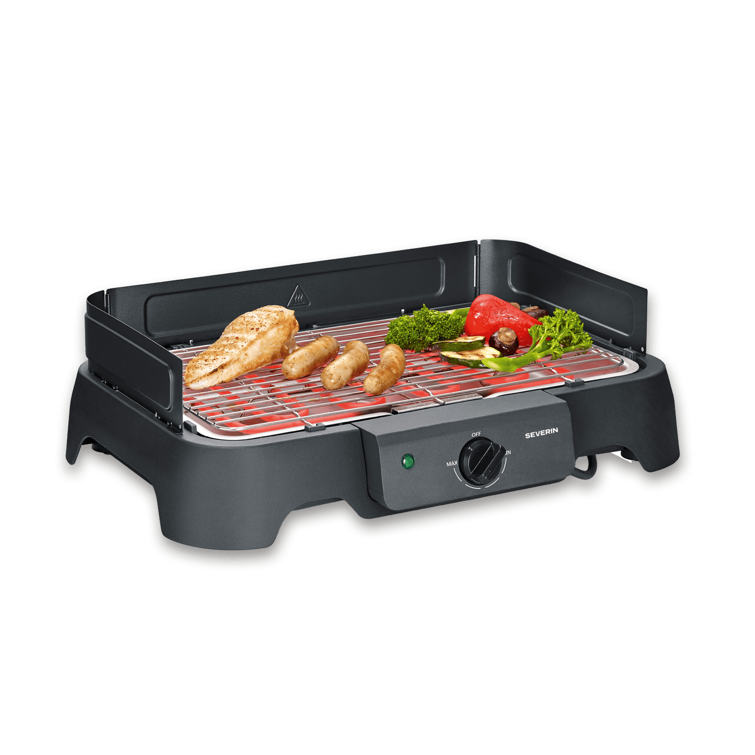 Griglia elettrica con petto di pollo, salsicce e verdure sulla griglia.