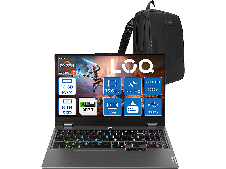 LENOVO LOQ 15ARP9 4070 8GB 115W FHD IPS 300NITS 144HZ 83JC00FGTRF07 AMD Ryzen 7 7435HS 16 GB RAM 8 TB SSD 15,6 inç FreeDOS Laptop+Çanta Gri