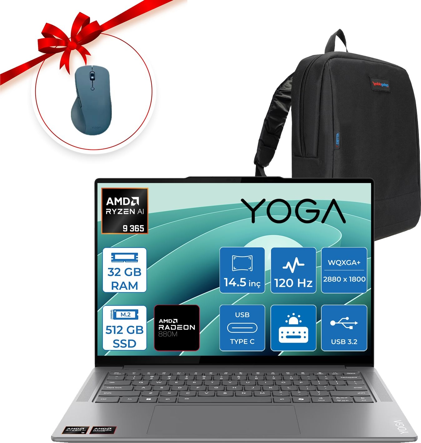 LENOVO Yoga Pro 7 14ASP9 OLED 83HN0026TRF02+Yoga Mosue AMD Ryzen 9 365 32 GB RAM 512 GB SSD 14,5 inç FreeDOS Laptop+Çanta Gri