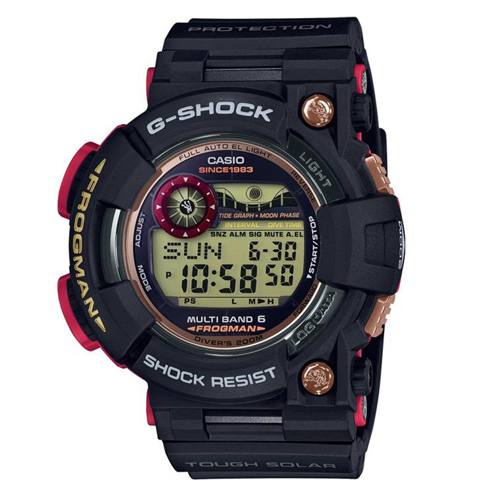 Kırmızı vurgulu siyah G-Shock Frogman saat, dijital zaman göstergeli.