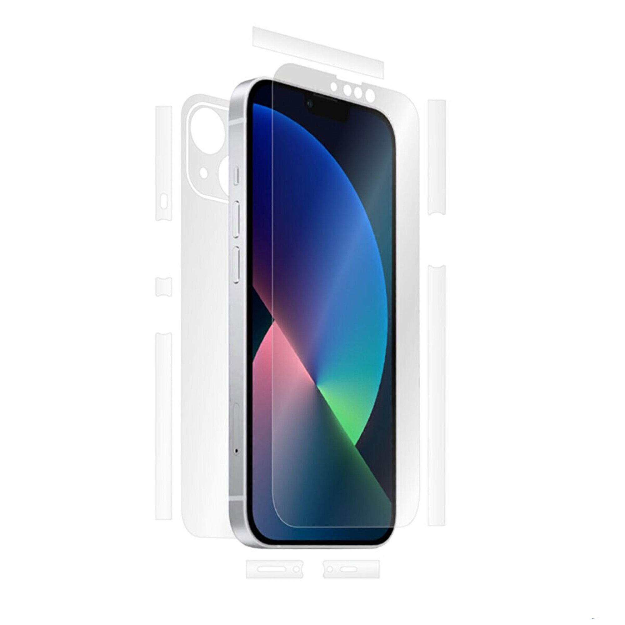 Soyut duvar kağıdı gösteren gümüş renkli akıllı telefon, ekran koruyucu filmlerle çevrili.