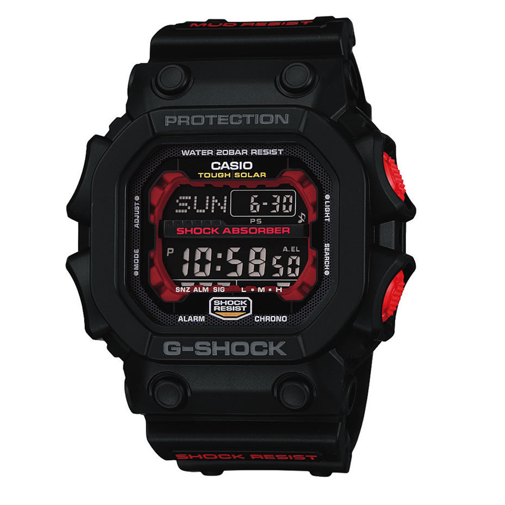 Kırmızı dijital ekrana sahip siyah G-Shock saat, 10:58:50 gösteriyor.