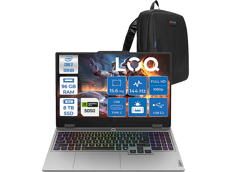 LENOVO LOQ 15IRX10 DDR5 RTX5050 8GB IPS W83JE00KKTRF48 Intel® Core™ i7-13700HX 96 GB RAM 8 TB SSD 15,6 inç FreeDOS Laptop+Çanta Gri