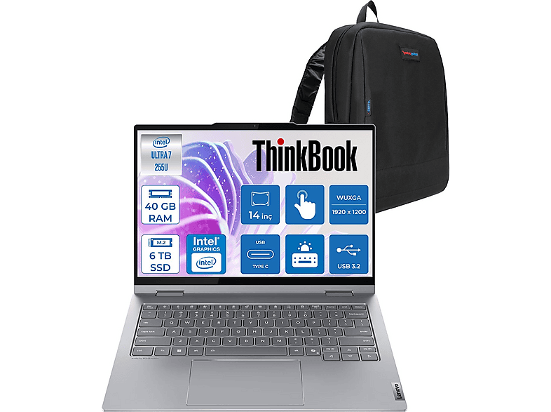 LENOVO ThinkBook 14 2'si Bir Arada G5 DDR5 21SQ002TTXF27 Pen Intel® Core™ Ultra 7 255U 40 GB RAM 6 TB SSD 14 inç FreeDOS Laptop+Çanta Gri