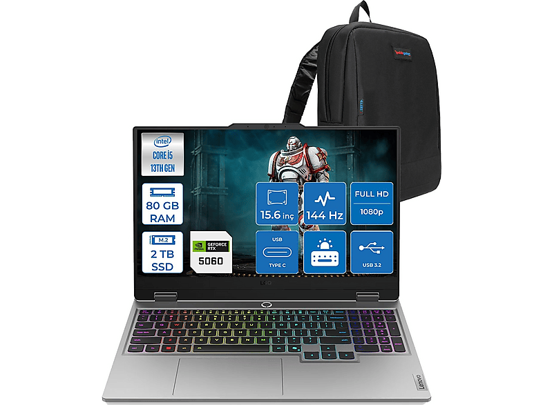 LENOVO LOQ 15IRX10 DDR5 RTX5060 8GB 100W 144Hz 83JE00ENTRF39 Intel® Core™ i5-13450HX 80 GB RAM 2 TB SSD 15,6 inç FreeDOS Laptop+Çanta Gri
