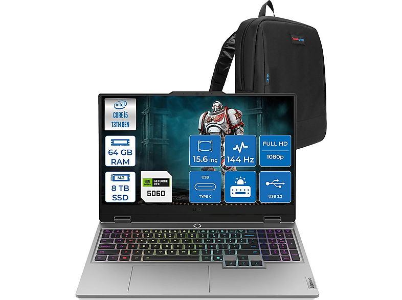 LENOVO LOQ 15IRX10 DDR5 RTX5060 8GB 100W 144Hz 83JE00ENTRF36 Intel® Core™ i5-13450HX 64 GB RAM 8 TB SSD 15,6 inç FreeDOS Laptop+Çanta Gri
