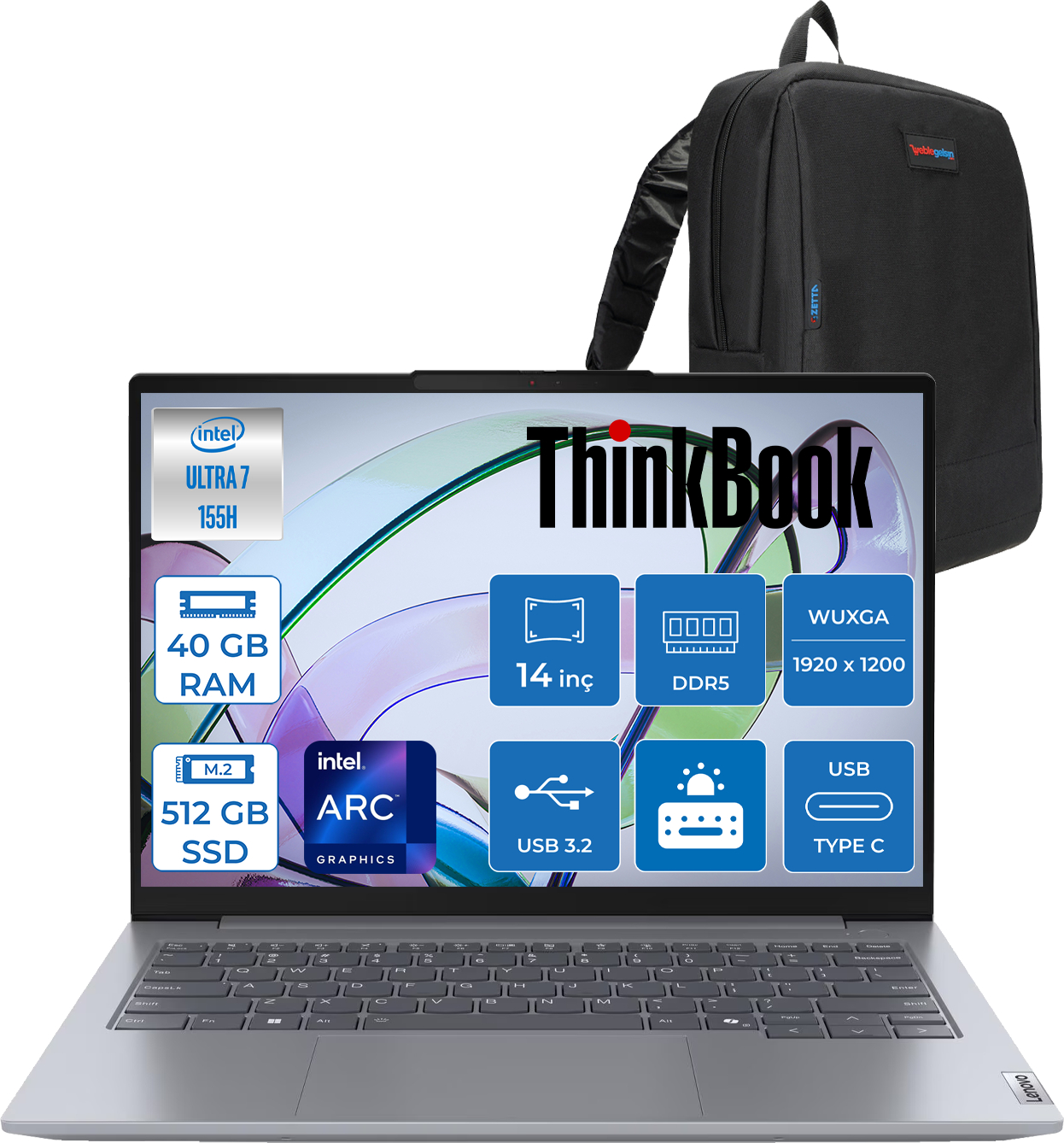 LENOVO ThinkBook 14 G7 IML WUXGA 300nits IPS 21MR0050TRF17 Intel® Core™ Ultra 7 155H 40 GB RAM 512 GB SSD 14 inç FreeDOS Laptop+Çanta Gri