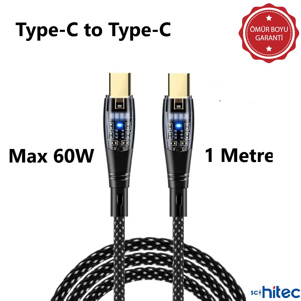 Altın uçlu iki siyah USB-C kablo, 1 metre, 60W.