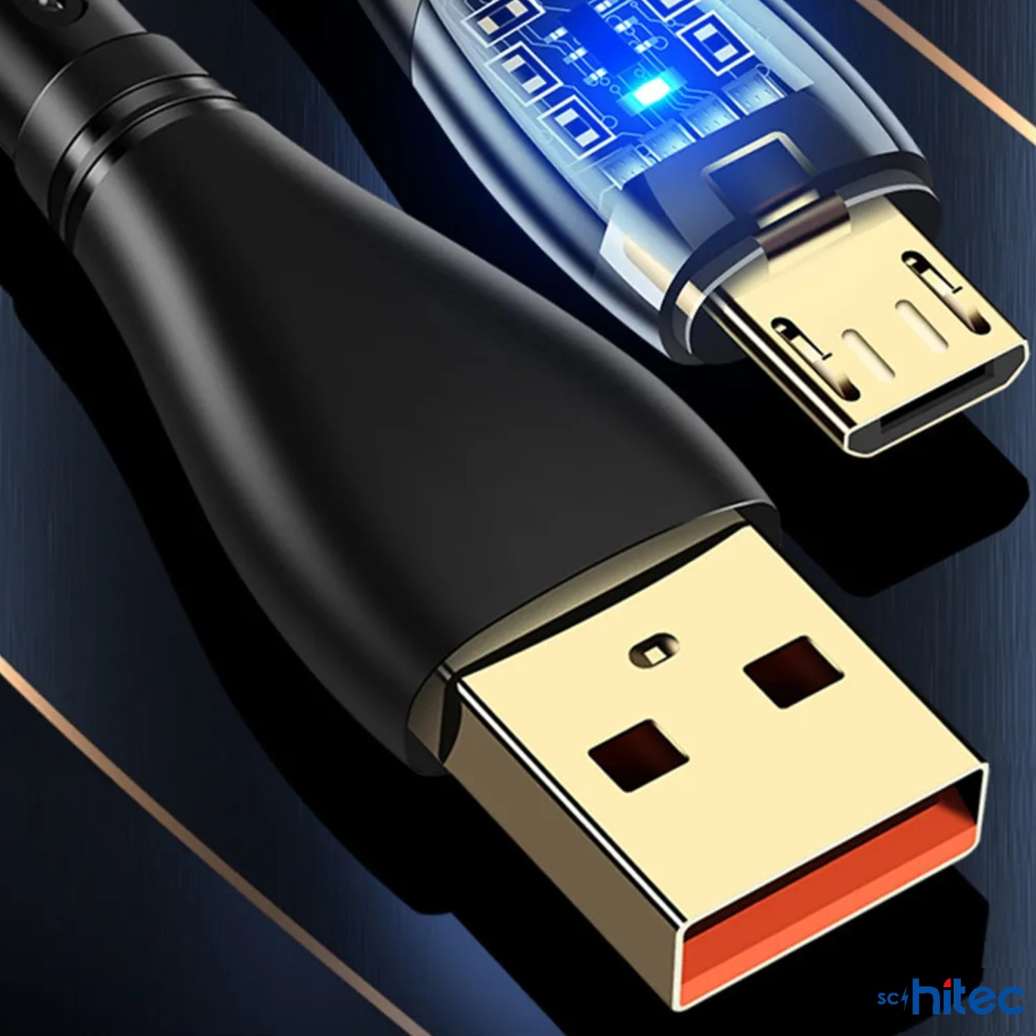 Mavi LED'li siyah USB-A ve şeffaf mikro-USB kablosunun yakın çekimi.