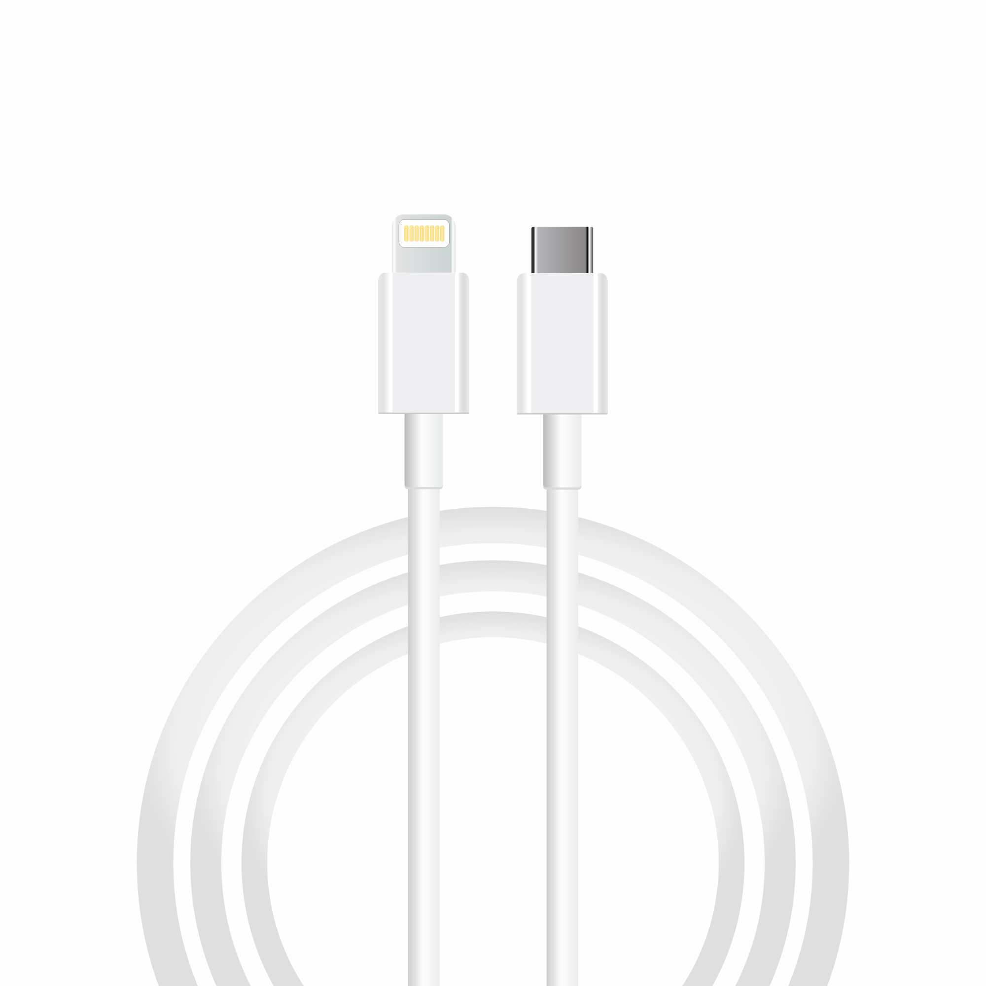 Beyaz Lightning - USB-C kablosu, her iki konektör yukarıda olacak şekilde sarılı.