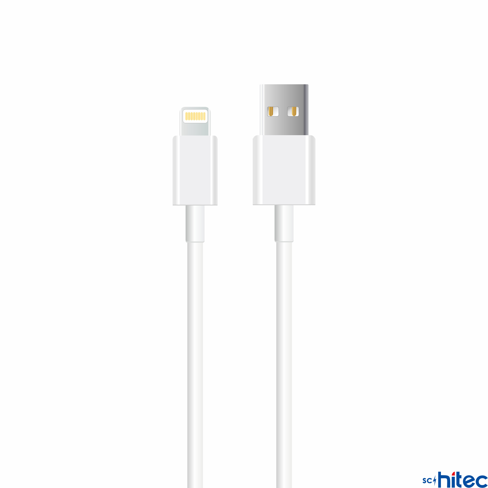 Lightning ve USB-A konektörlü beyaz USB kablosu.