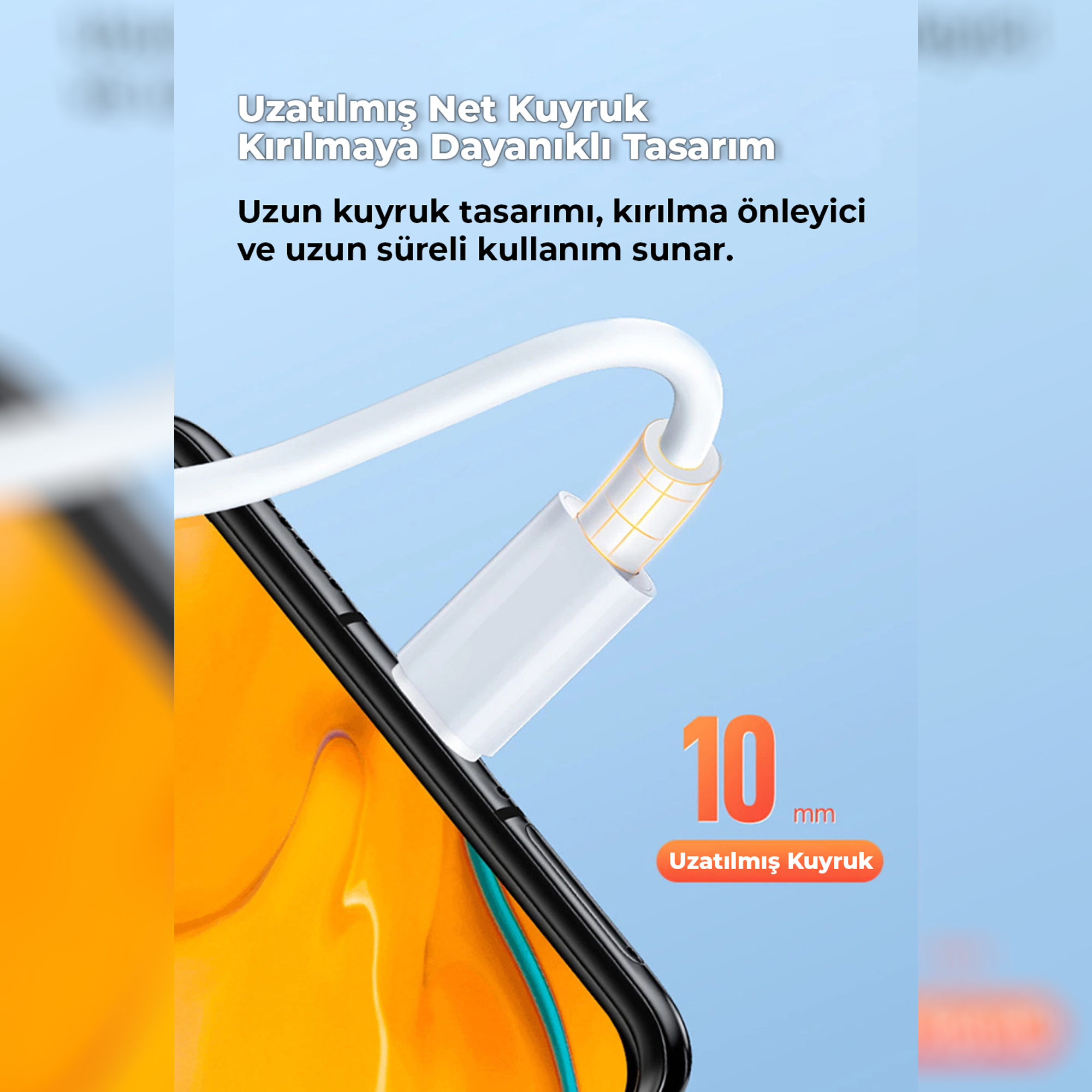 Beyaz bir şarj kablosu turuncu bir akıllı telefona takılıyor.