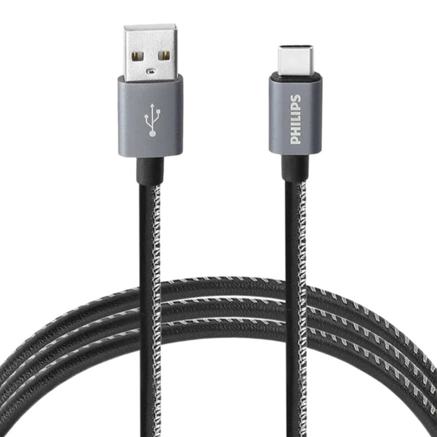 Siyah örgülü kordonlu gri USB-A - USB-C kablosu.