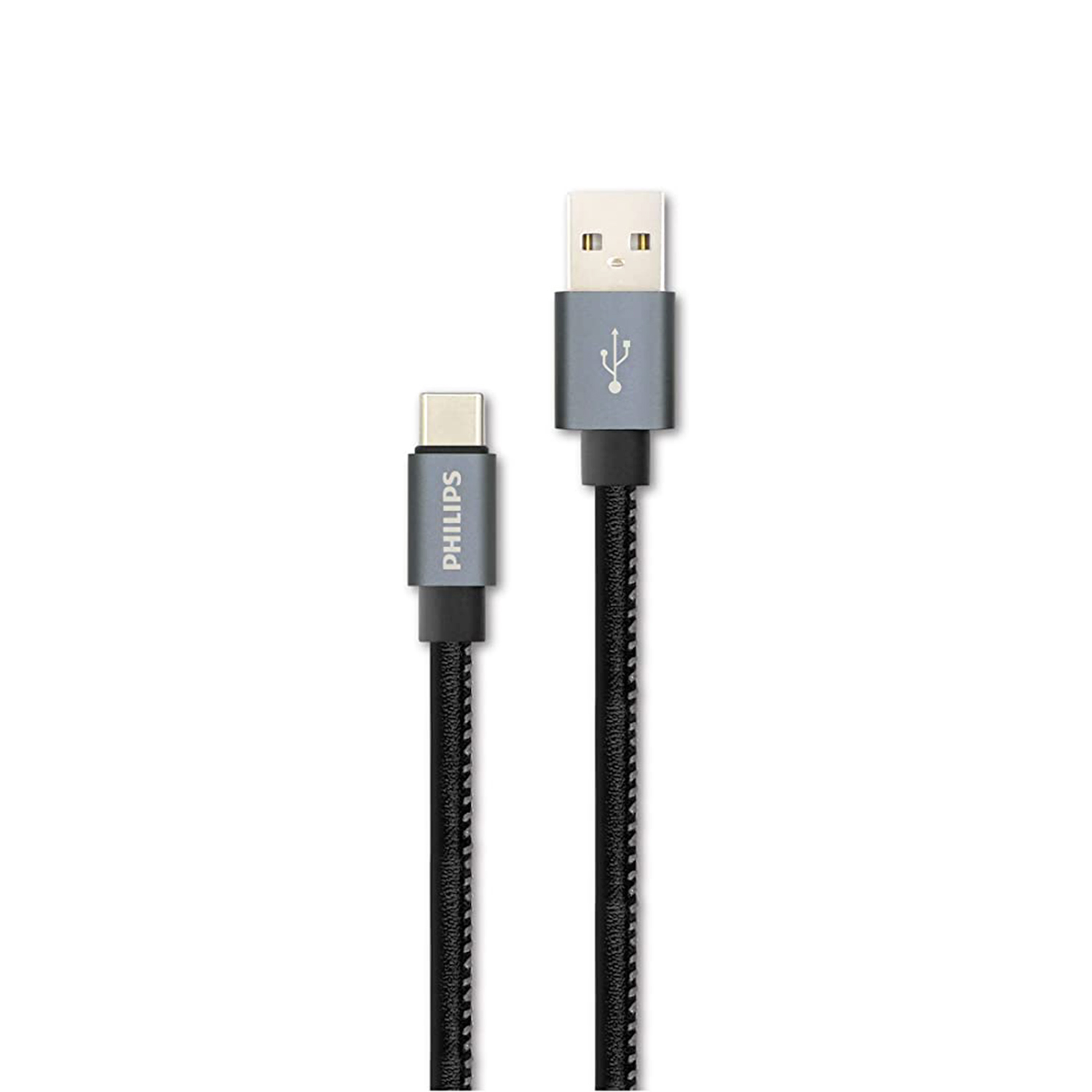 Gri konektörlü siyah bir Philips USB-C - USB-A kablosu.