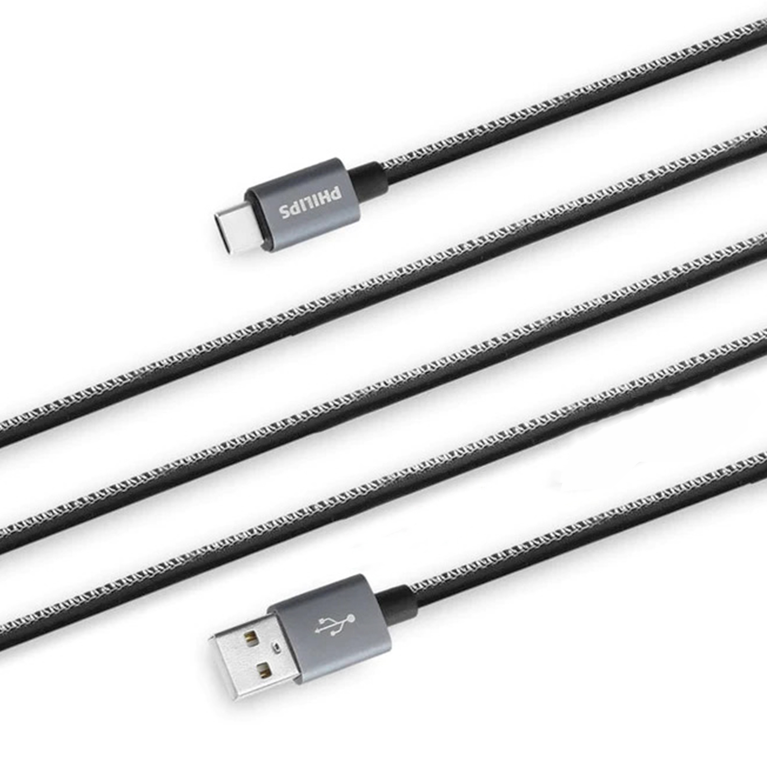 USB-C konektöründe Philips markası bulunan siyah örgülü USB-A - USB-C kablosu.