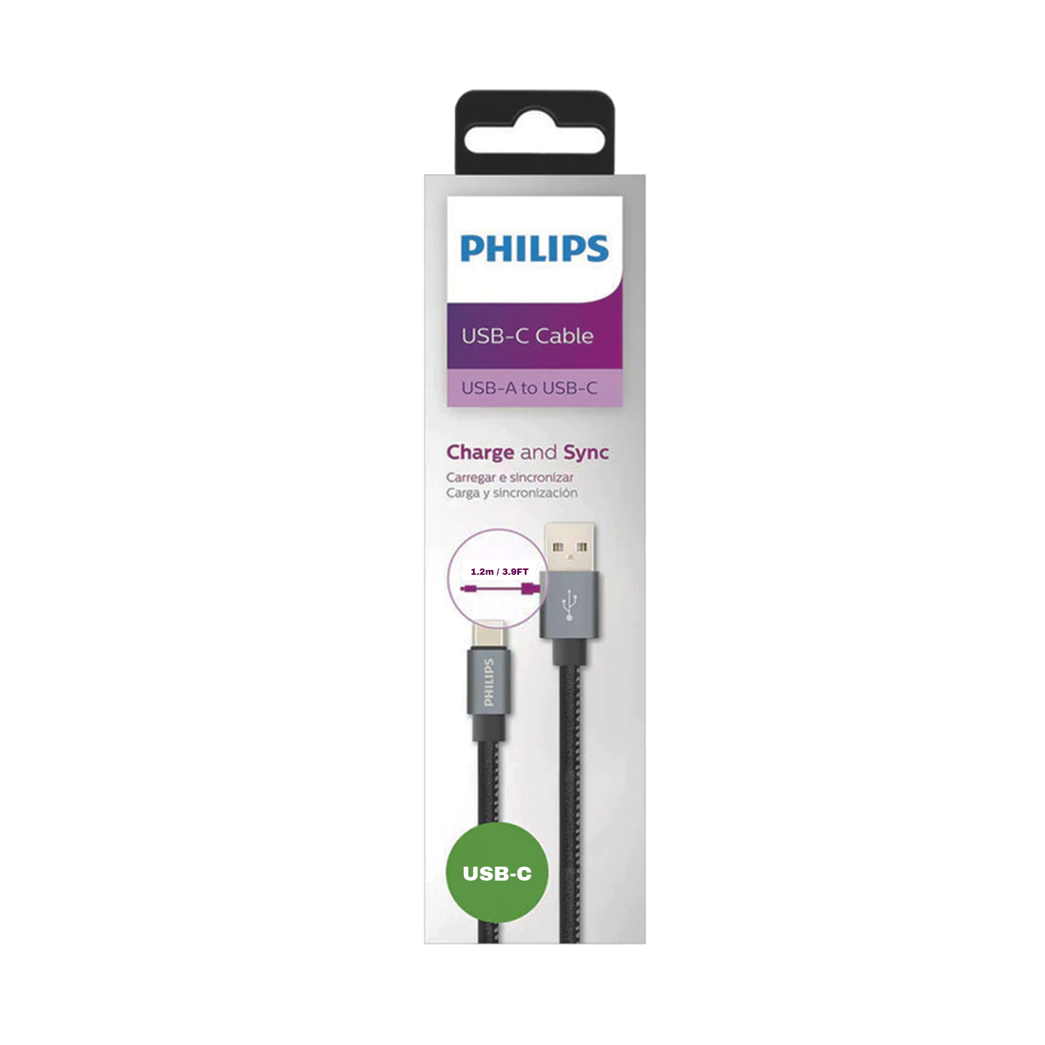 Philips USB-C Kablo: USB-A - USB-C, 1,2m. Gri konektörlü siyah kablo.