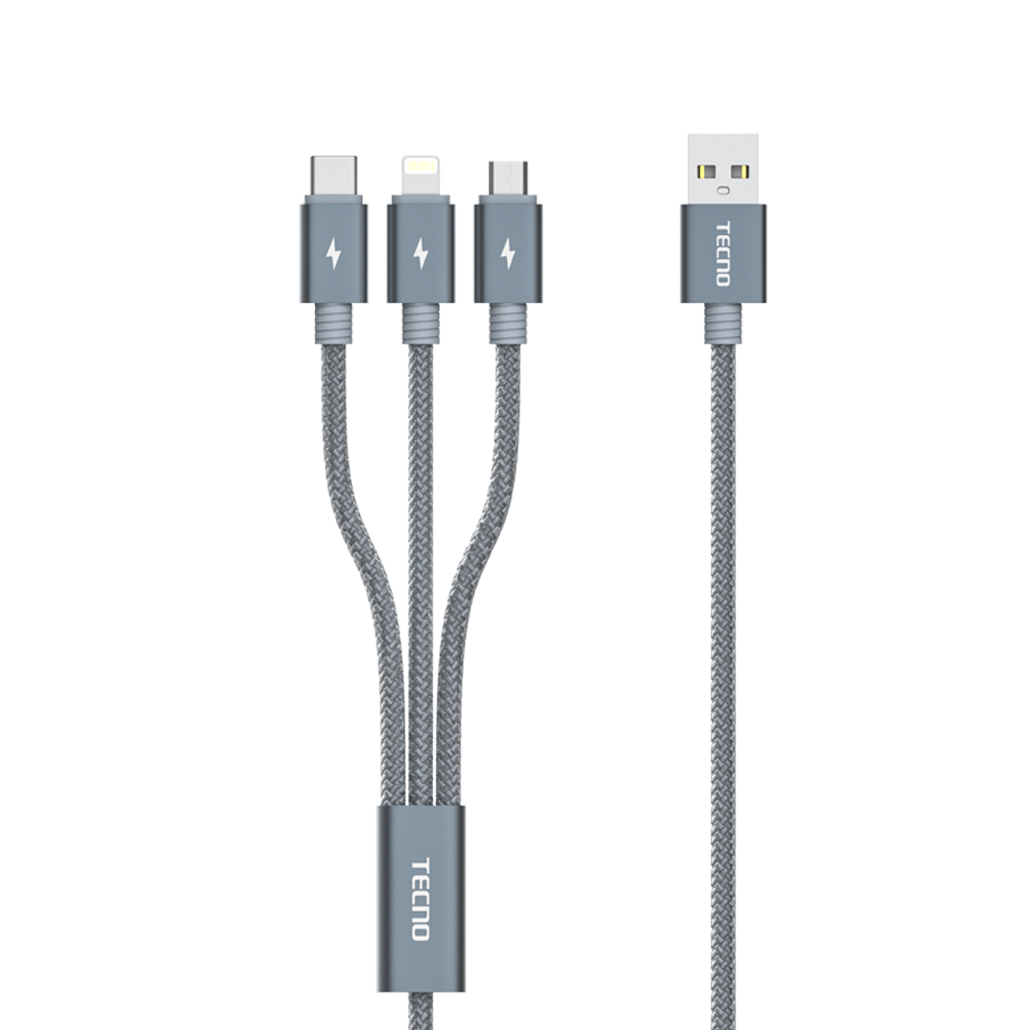 USB-A, USB-C ve Lightning konektörlü gri TECNO şarj kablosu.