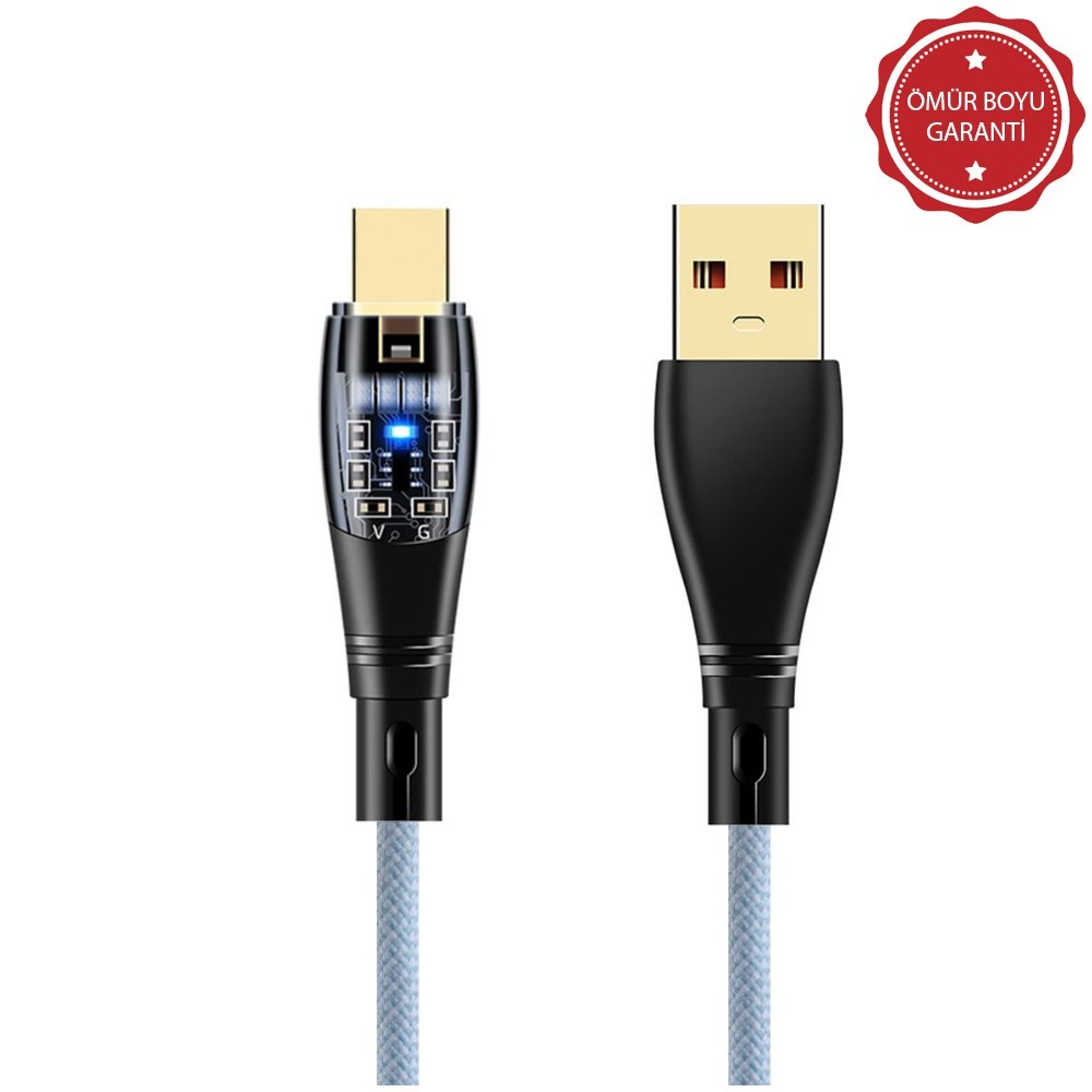 Işıklı konektörlü bir USB kablosu ve ömür boyu garanti mührü.