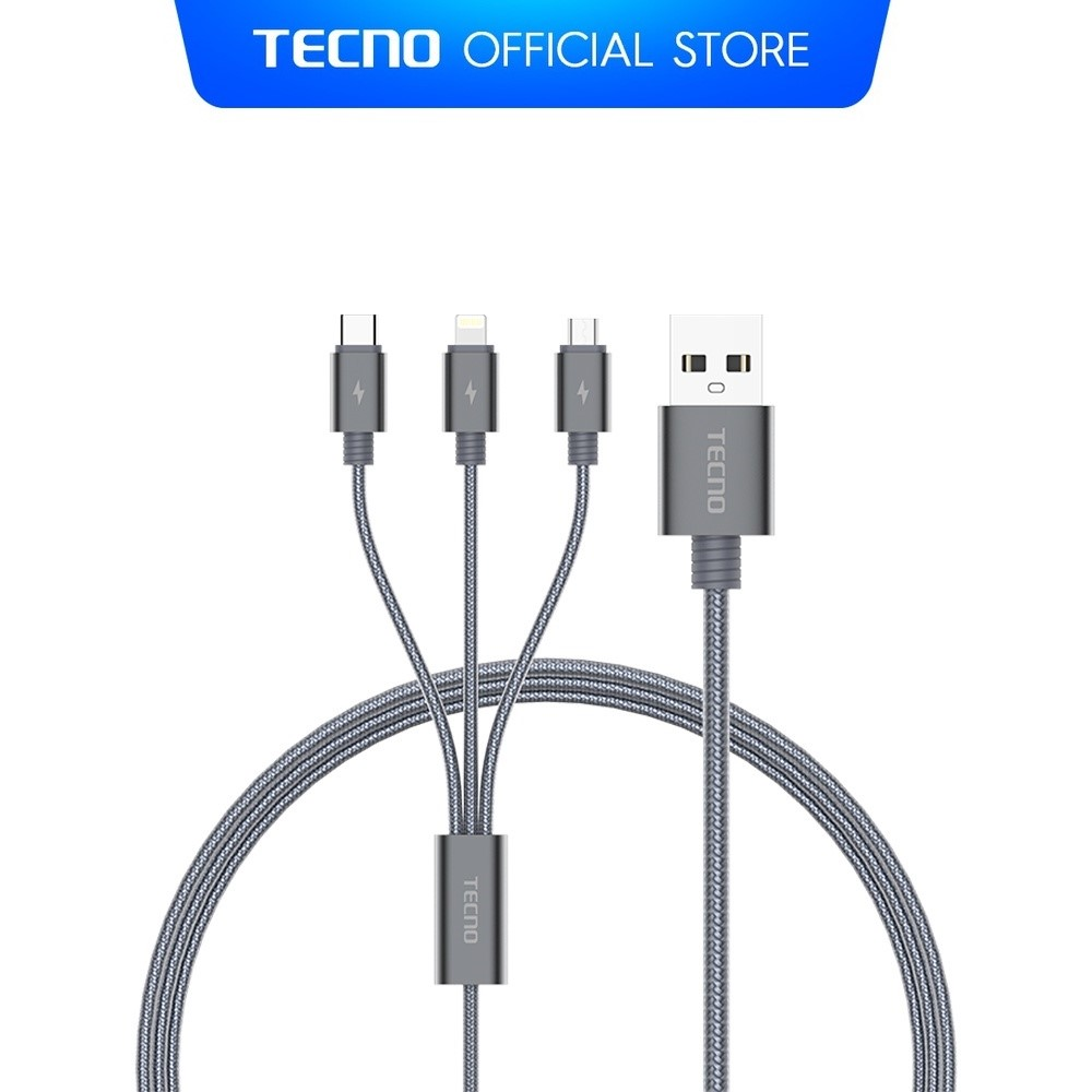 USB-A, USB-C, Lightning ve Micro-USB konektörlü gri TECNO şarj kablosu.