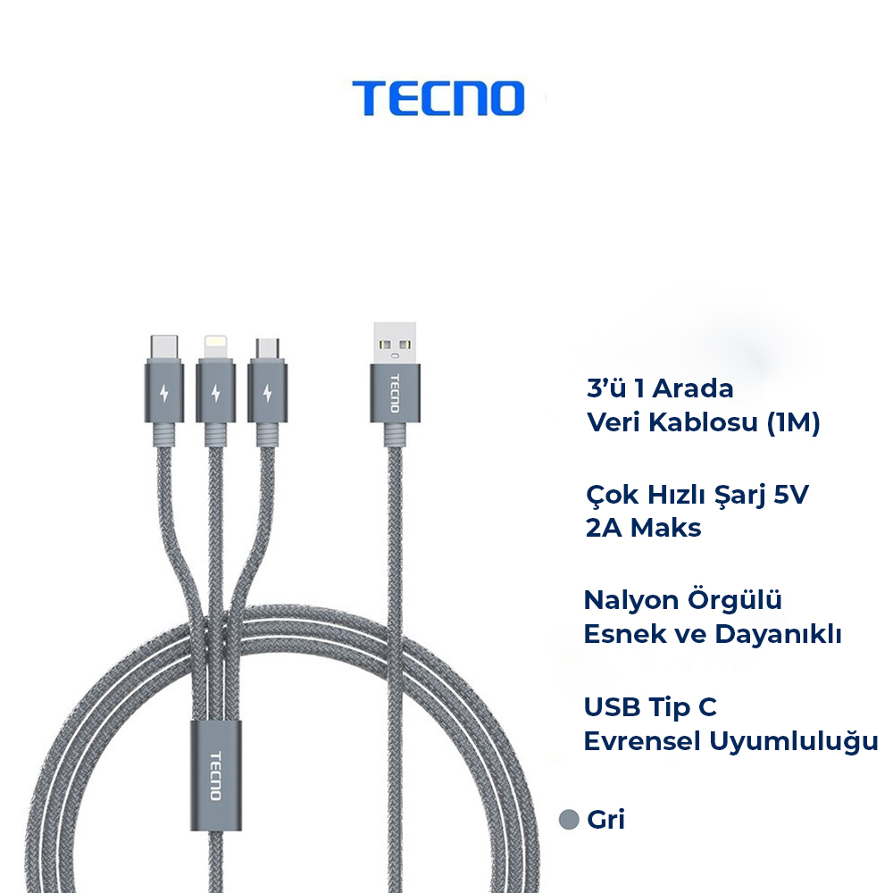 Tecno gri 3'ü 1 arada veri kablosu USB-C, Lightning ve Micro-USB konnektörlü.