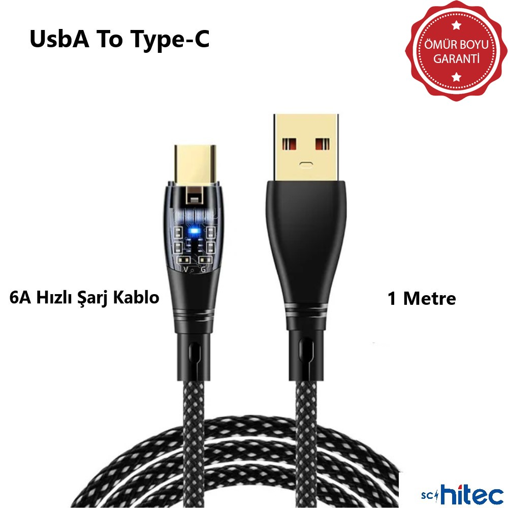6A hızlı şarj özellikli, 1 metre uzunluğunda siyah USB-A - Type-C kablo.