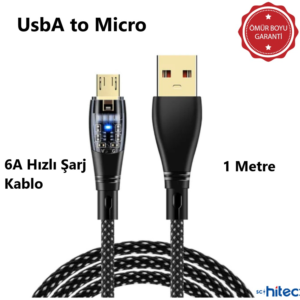 Siyah USB-A - Micro kablo, 1 metre, ömür boyu garanti damgalı.