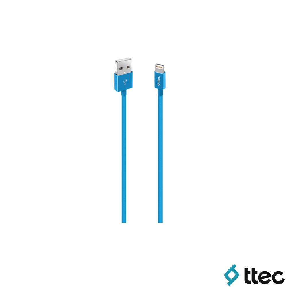 Beyaz arka plan üzerinde Ttec logolu mavi USB - Lightning kablosu.
