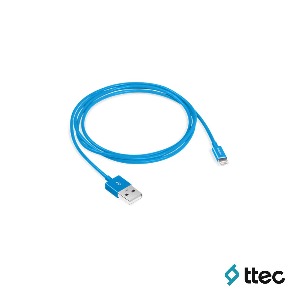 Mavi bir USB - Lightning kablosu beyaz arka plan üzerinde gösteriliyor.