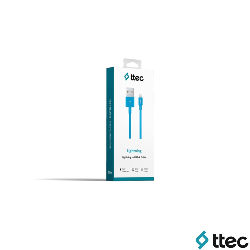 Ttec lightning - USB-A kablo ambalajı, üzerinde mavi kablo.