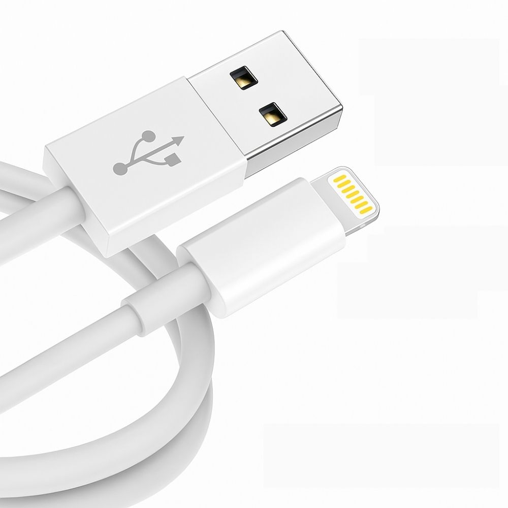 USB sembollü ve konektörlü beyaz bir USB - Lightning kablosu.