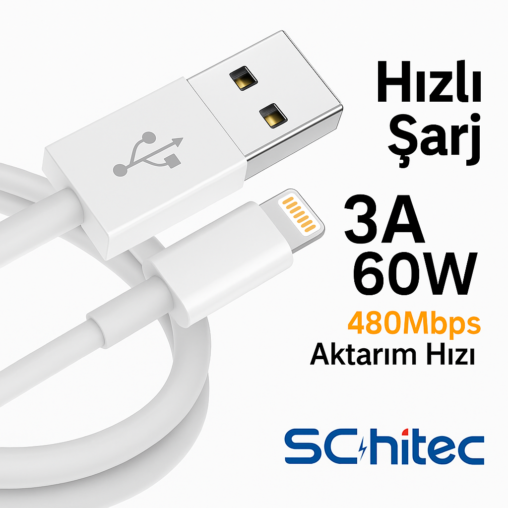 3A 60W hızlı şarj özellikli beyaz USB - Lightning kablosu.