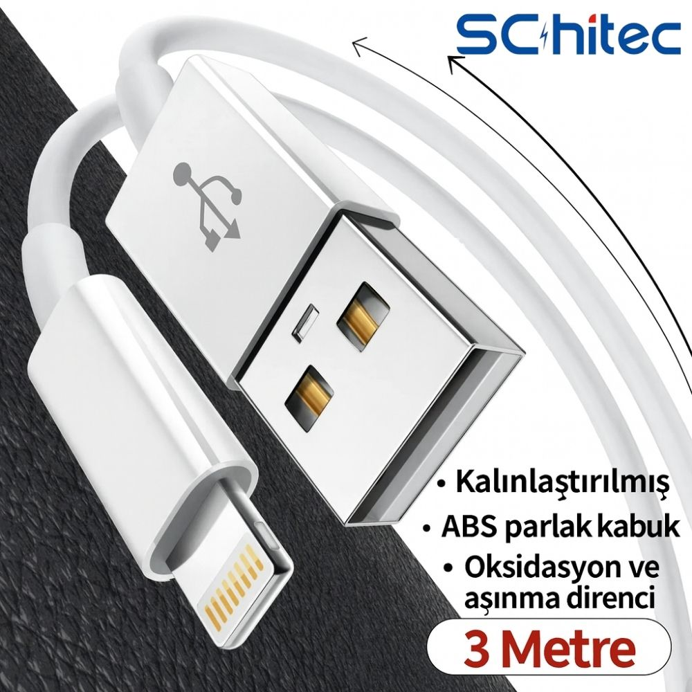 Lightning ve USB-A konektörlü beyaz USB kablosu.