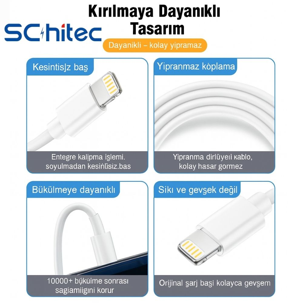 Beyaz şarj kablosu dört detayda gösterilmiştir: konnektör, kablo, bükülme ve fiş.