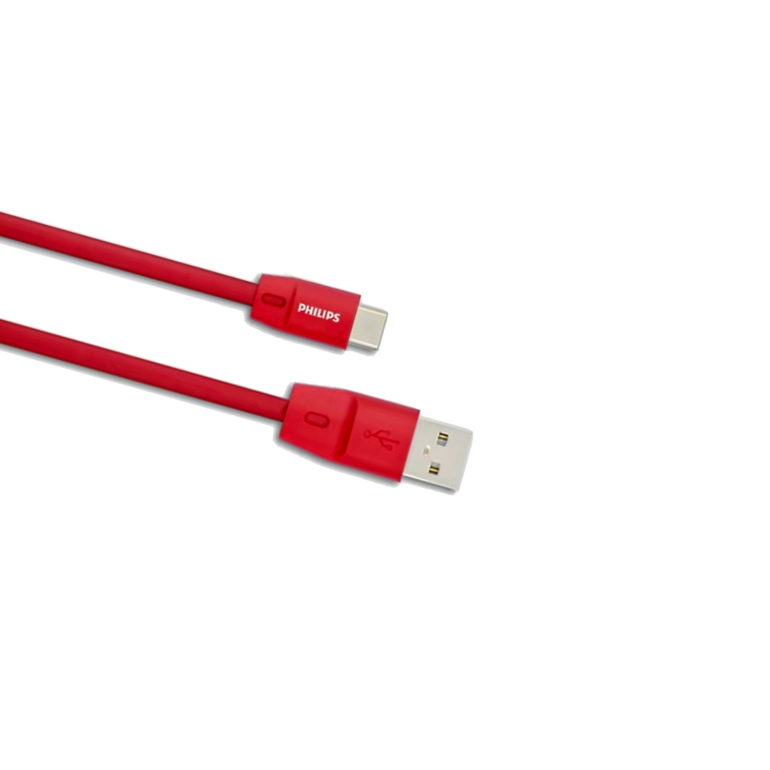 Philips logolu kırmızı USB-A - USB-C kablosu, USB-C konektöründe.