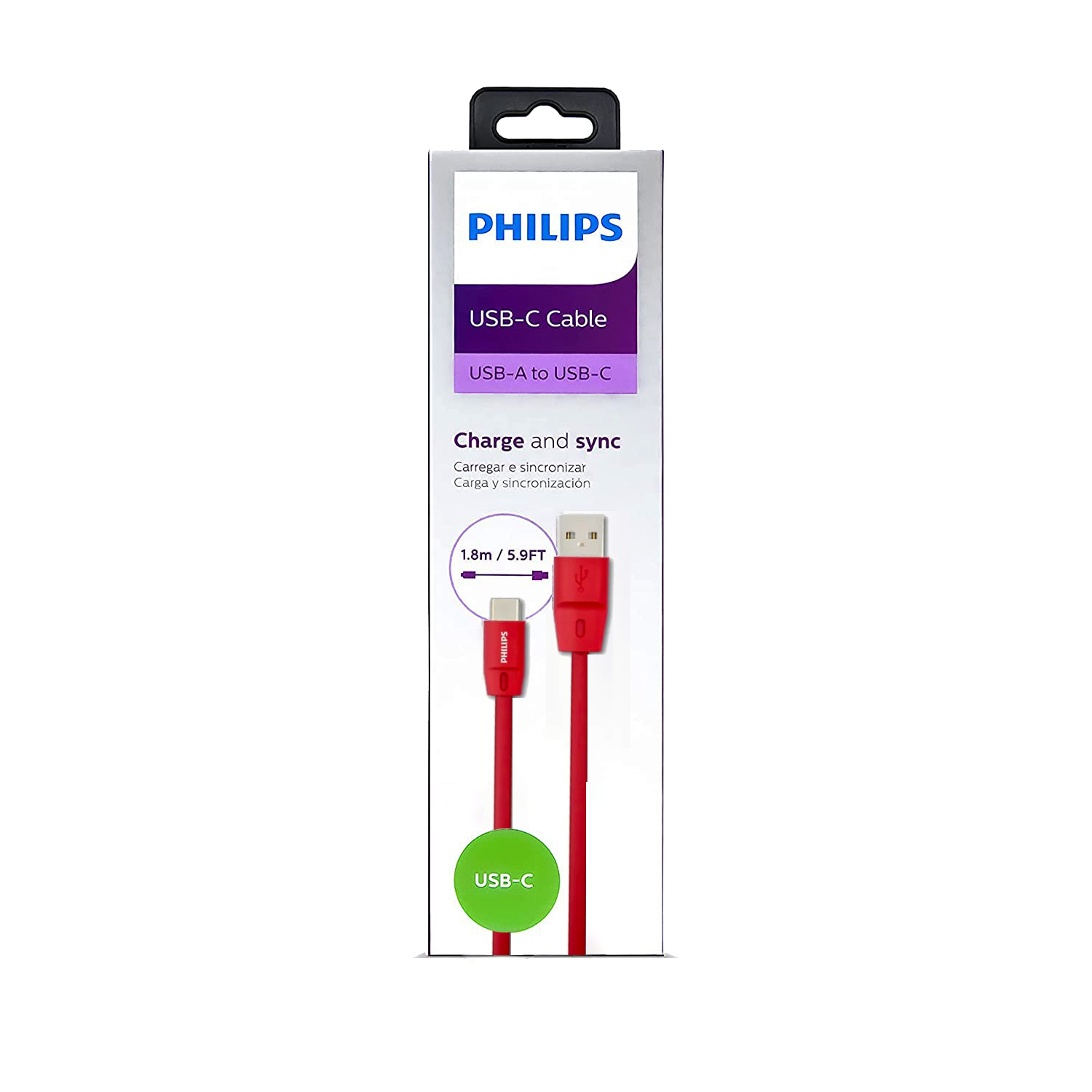 Kırmızı Philips USB-C kablosu ambalajı, 1,8 m uzunluğunda.