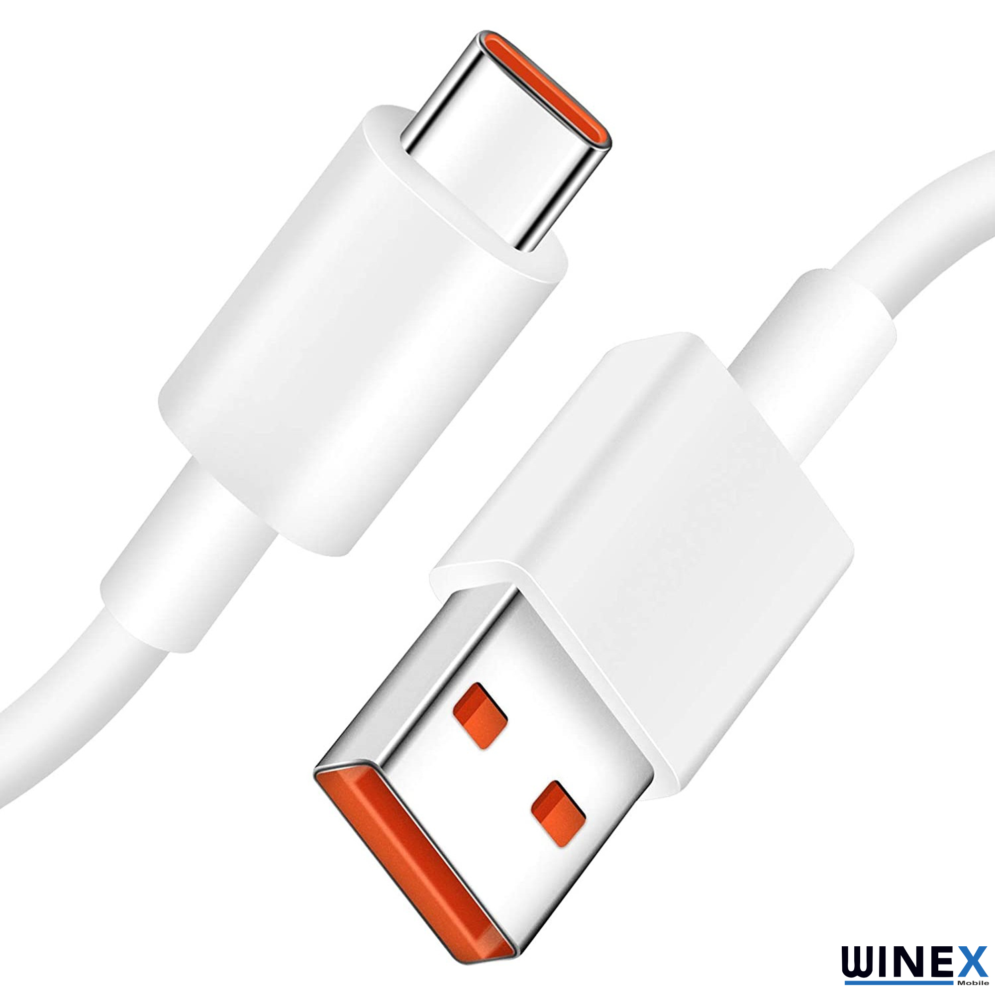 Turuncu vurgulu beyaz USB-C ve USB-A kablosu.