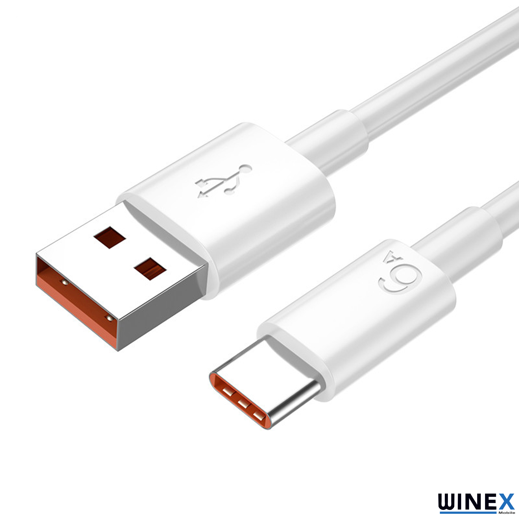 Konnektörlerde turuncu vurgulara sahip beyaz USB-A - USB-C kablosu.